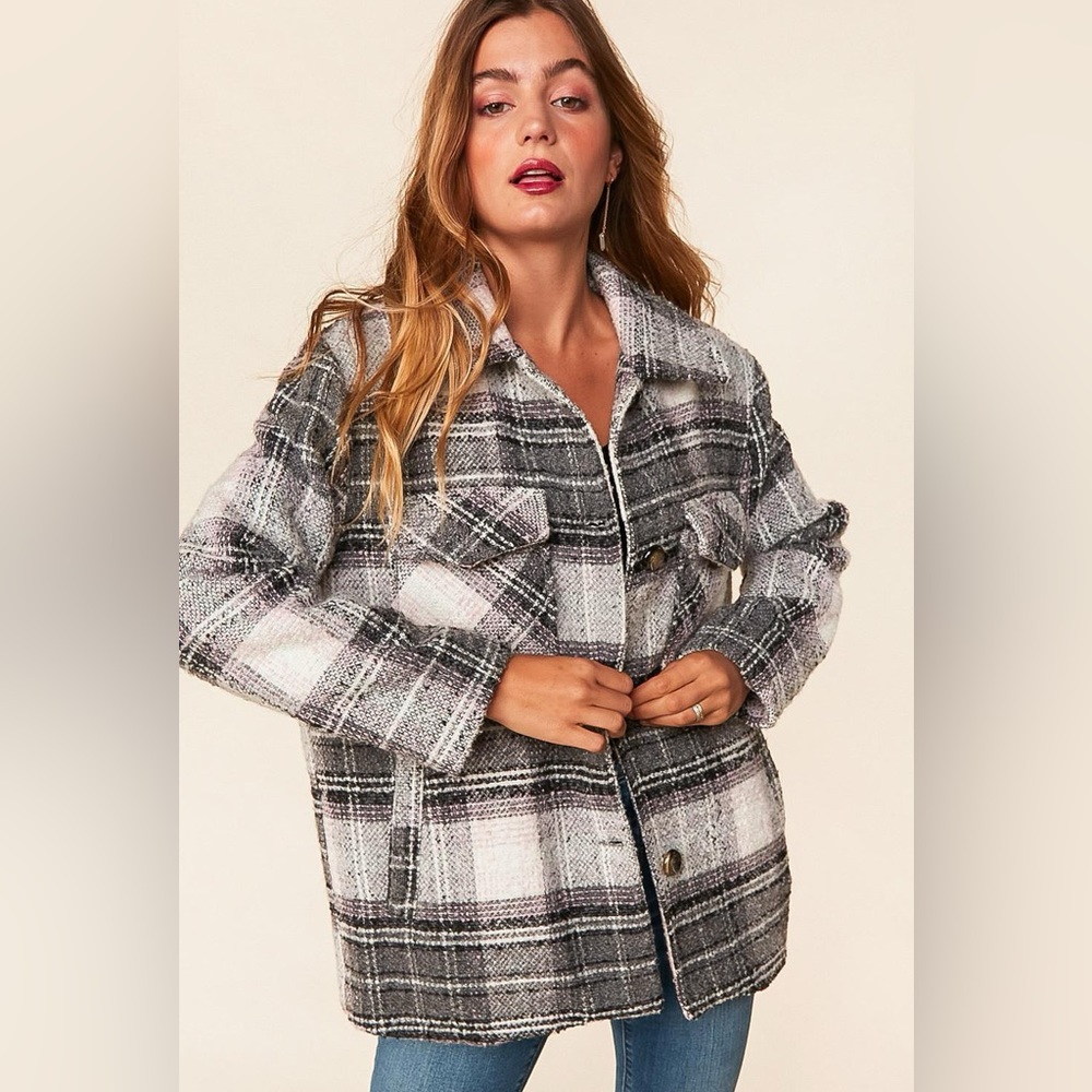 Flannel Plaid Button Down Coat, black/Gray/Blush/White, size small